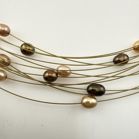 Honora Pearl Necklace Illusion Wire Gold Tone Peach Brown Oval Multi Strand Box - Picture 3 of 14